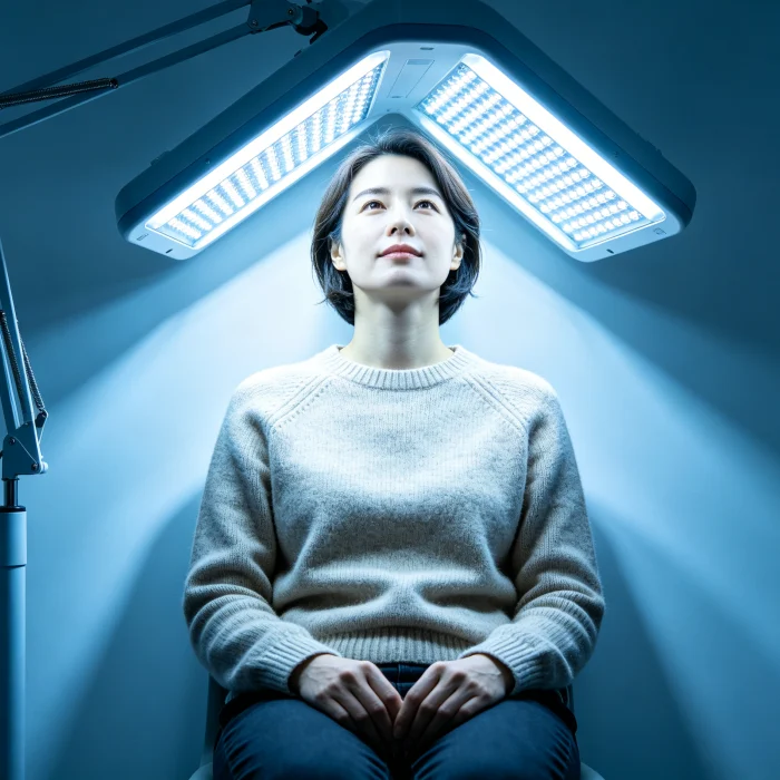 A person sitting under a bright light therapy lamp