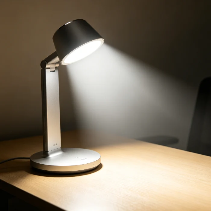 A standard SAD lamp on a desk emitting bright white light