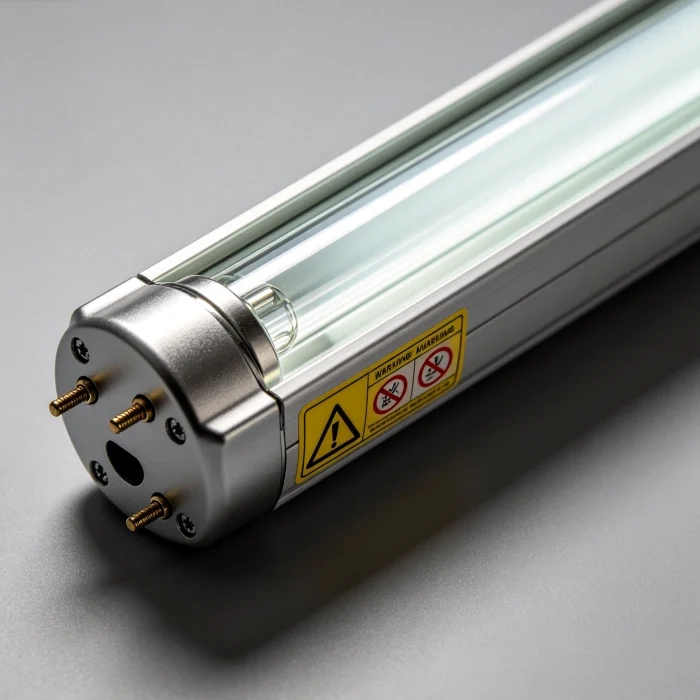 A specialized UVB lamp with a warning label