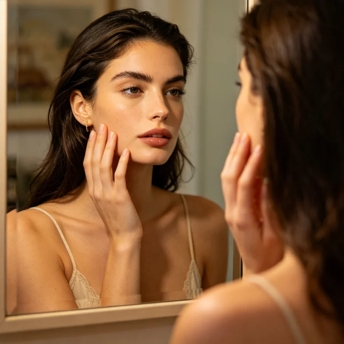 woman looking in mirror touching her face at home