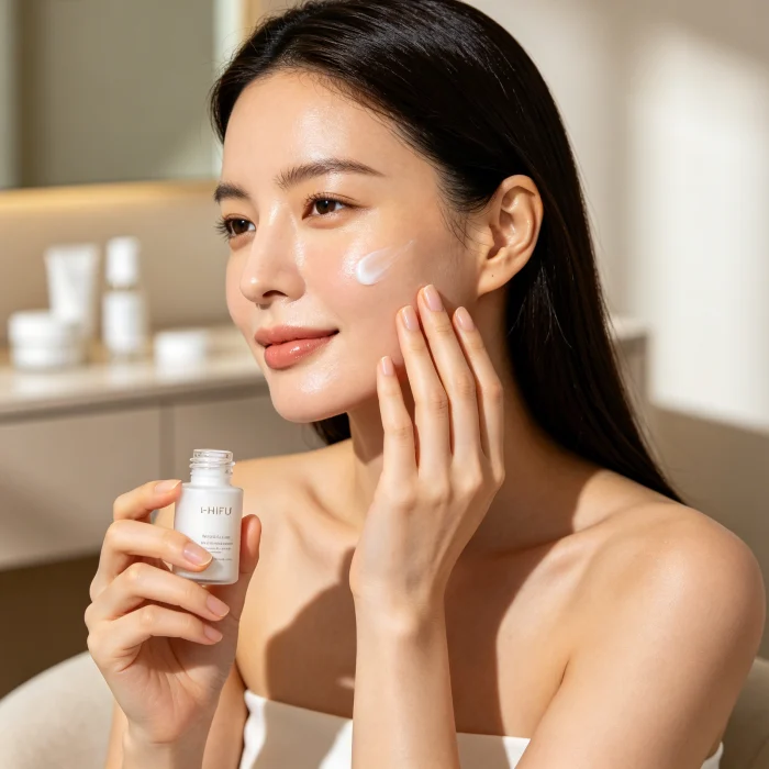 woman applying moisturizer after HIFU treatment