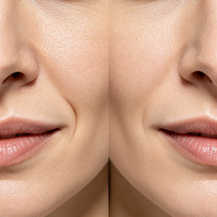 close-up of nasolabial folds before and after HIFU
