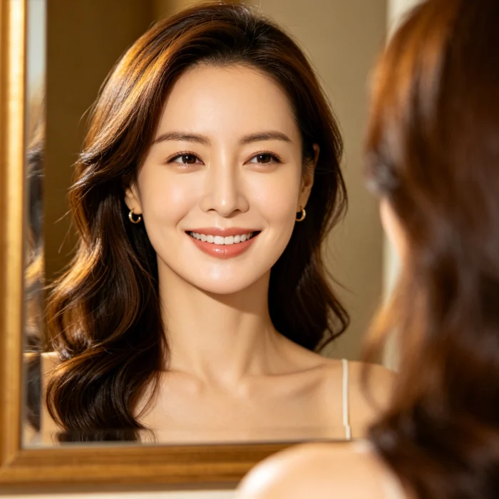 woman smiling in mirror 6 months after HIFU