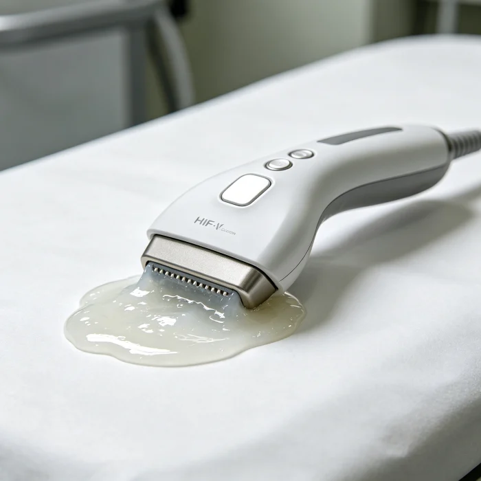 handheld HIFU probe with gel on treatment table
