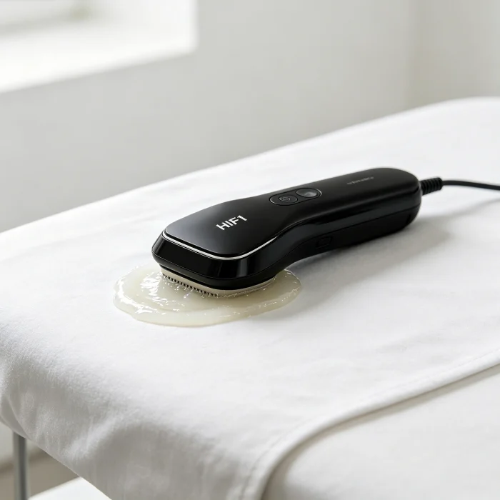 a sleek black HIFU device on a white treatment bed with ultrasound gel