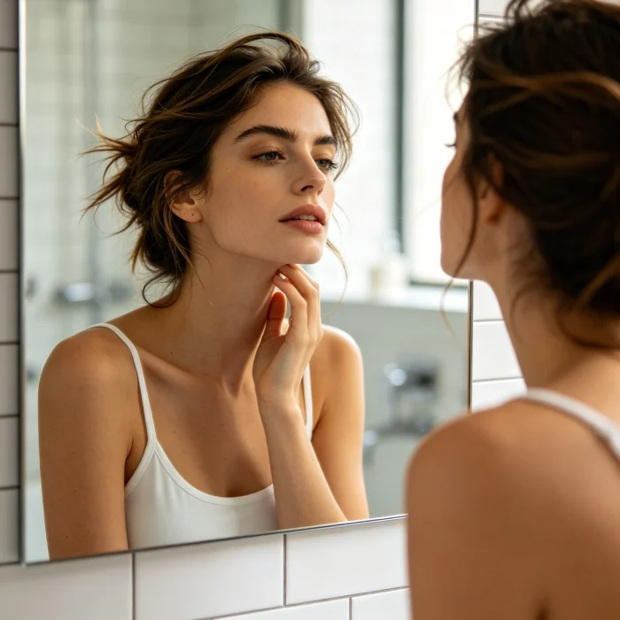 a woman touching her jawline while looking in a bathroom mirror