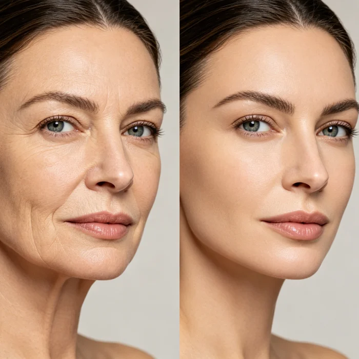 a side-by-side comparison of two women's faces, one with mild sagging and one after HIFU showing lifted jawline