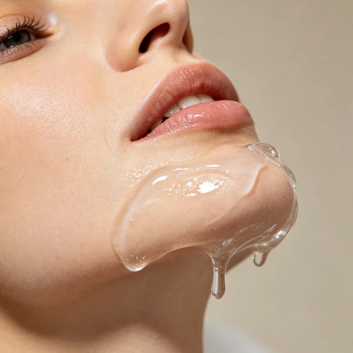 a close-up of ultrasound gel being applied under a chin before HIFU treatment
