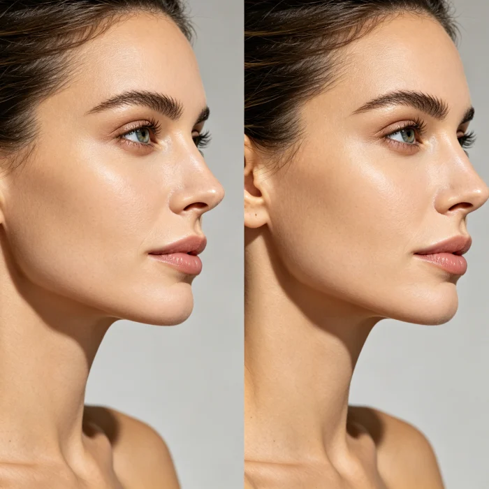 a side-by-side before and after photo of a woman's jawline 3 months post-HIFU