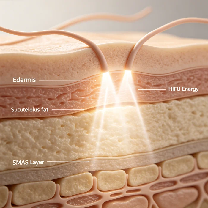 a diagram of skin layers showing HIFU energy focus at SMAS and fat layers