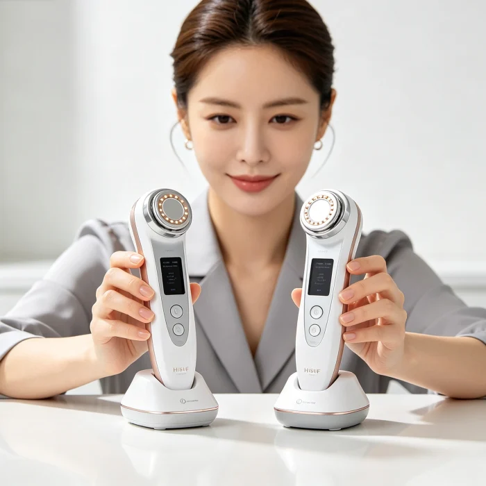 a woman comparing two at-home HIFU devices on a clean white countertop