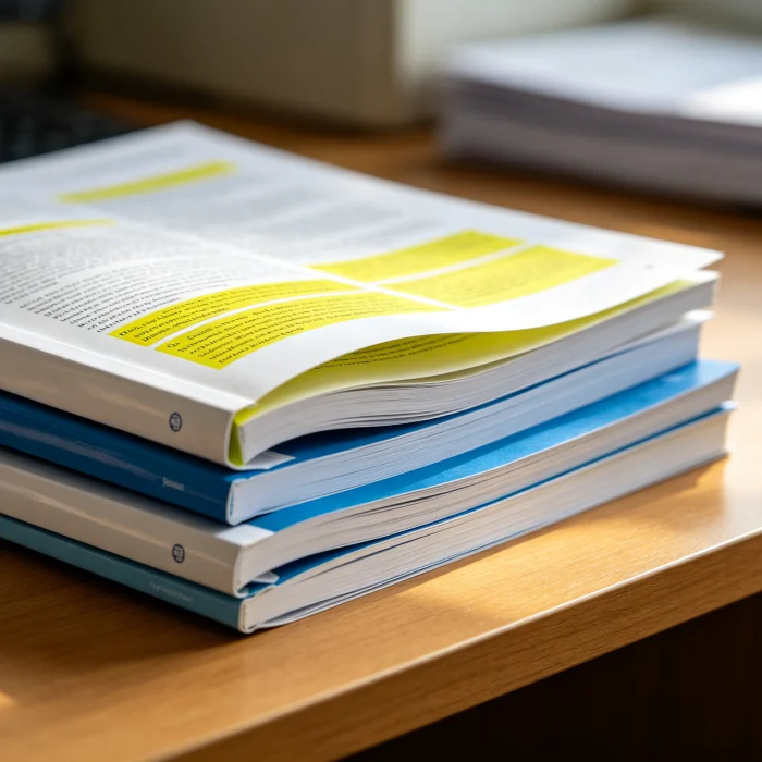 A stack of medical journals on a desk with highlighted pages