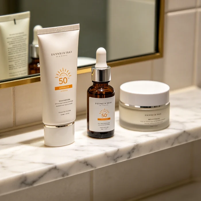 A skincare routine with sunscreen, serum, and moisturizer on a bathroom shelf