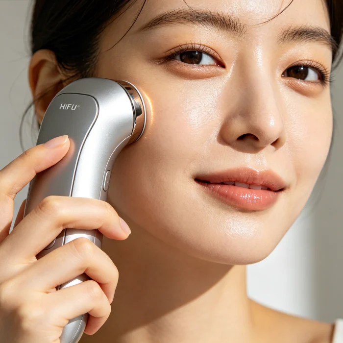 A person holding a home-use HIFU device near their face