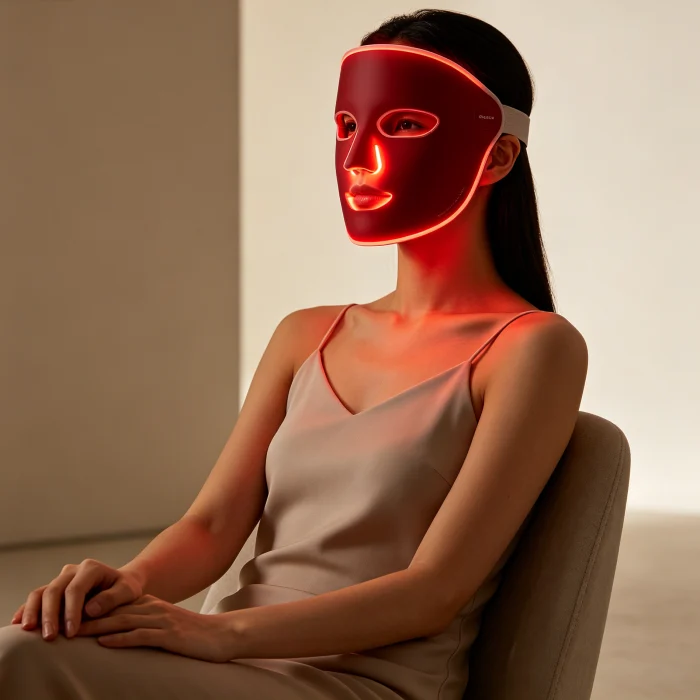 a person using a red light therapy mask on their face