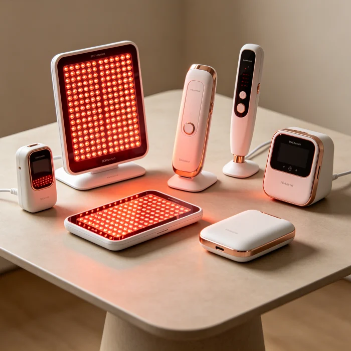 a collection of FDA-cleared red light devices on a table