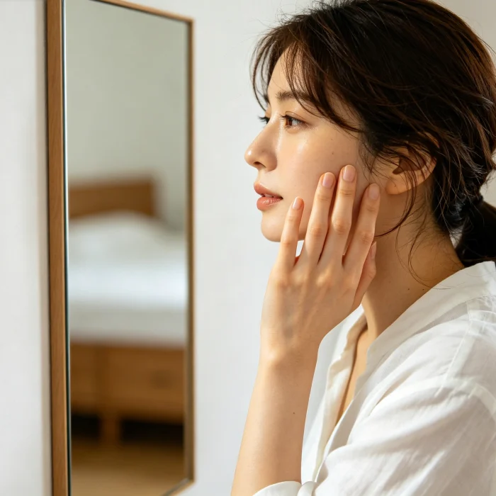 woman touching her face in front of a mirror