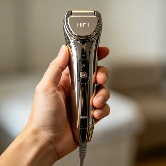 a handheld HIFU device being held by a hand