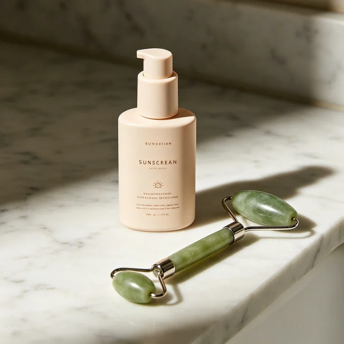 a bottle of sunscreen and a jade roller on a bathroom counter