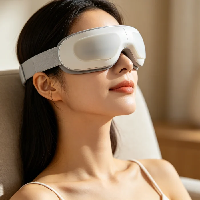 A woman using an eye massager on her closed eyes