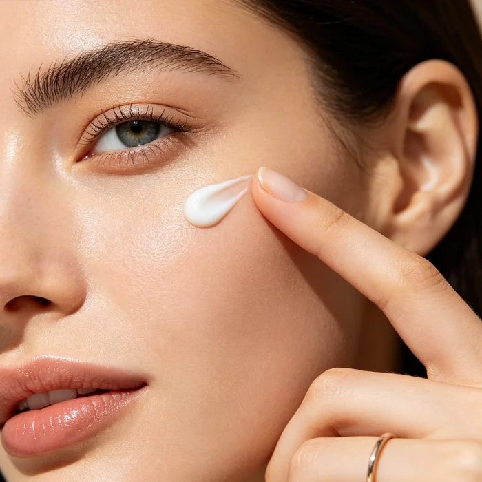 A woman applying eye cream with her ring finger