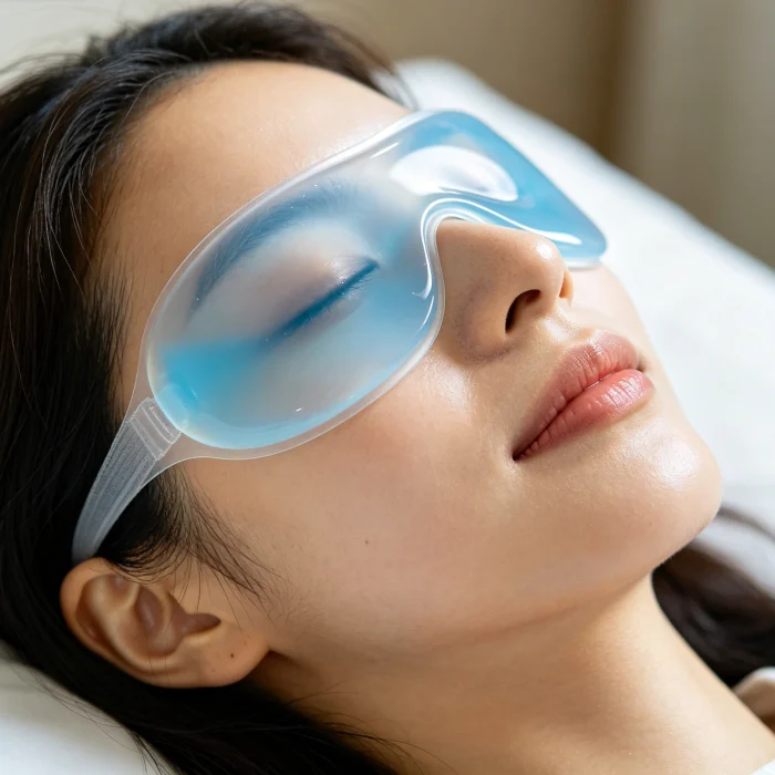 A person lying down with a cooling gel eye mask on