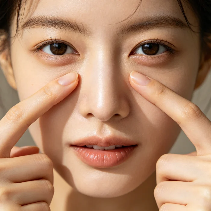 a person tapping lightly under their eyes with two ring fingers