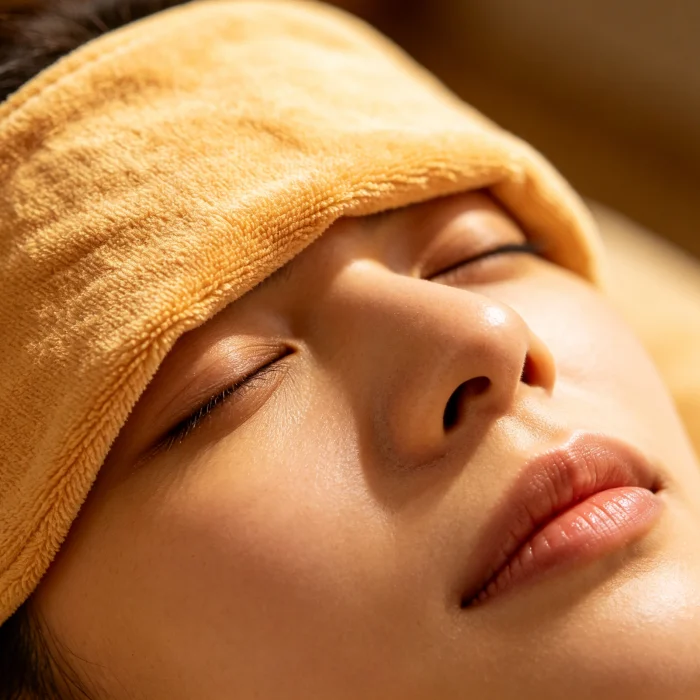 a warm compress cloth resting over closed eyes