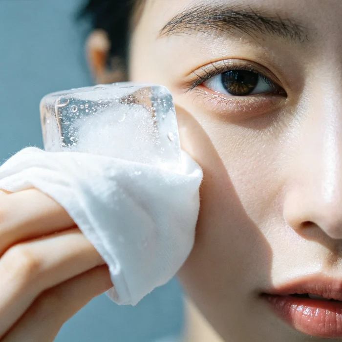 an ice cube wrapped in a thin white cloth being held near a person's eye