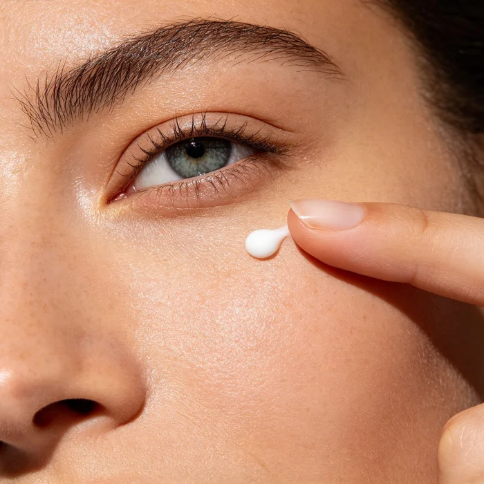 a person applying a small dot of eye cream under their eye with their ring finger