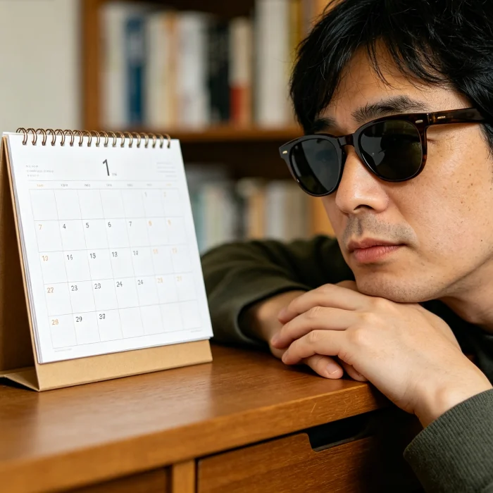 a person wearing sunglasses after eye surgery looking at a calendar