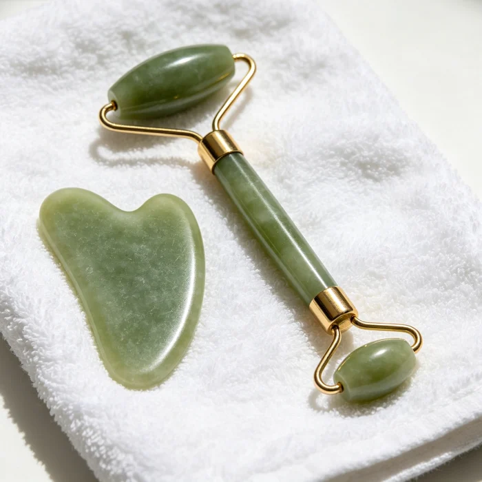 a clean jade roller and gua sha tool on a white towel
