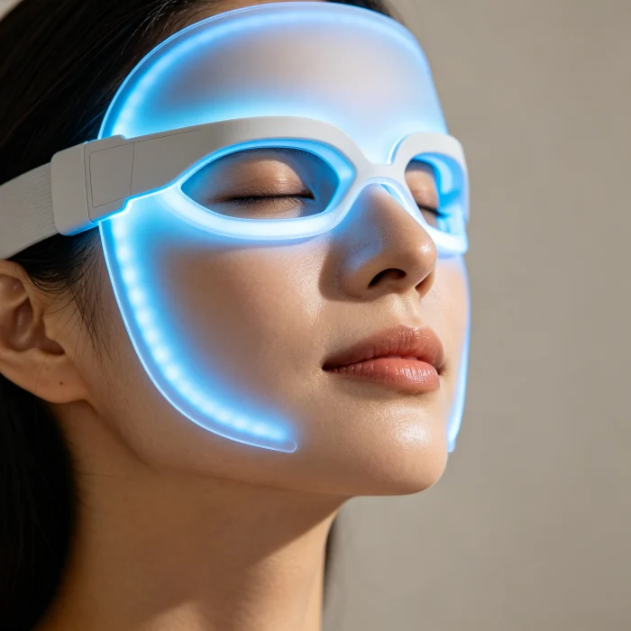 a person using an LED light therapy mask on their face with eyes closed