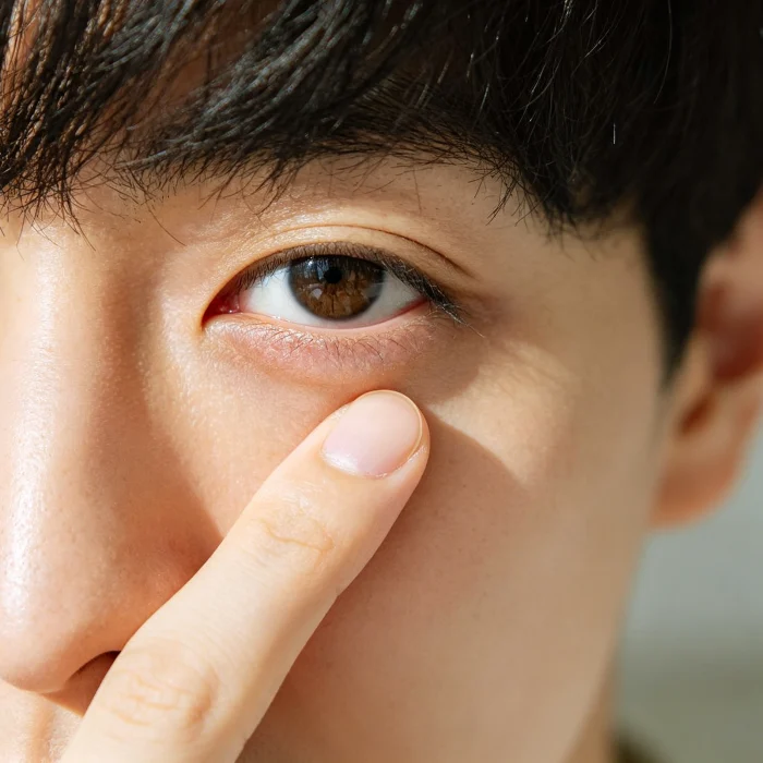 a person's hand showing ring finger placement near the inner corner of the eye