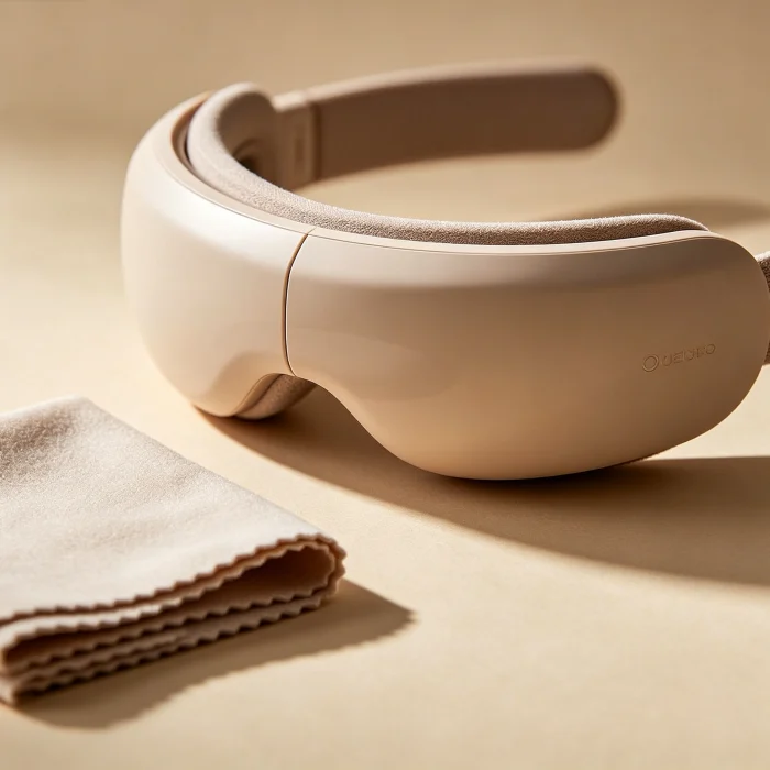 a close-up of an electric eye massager with a cleaning cloth nearby