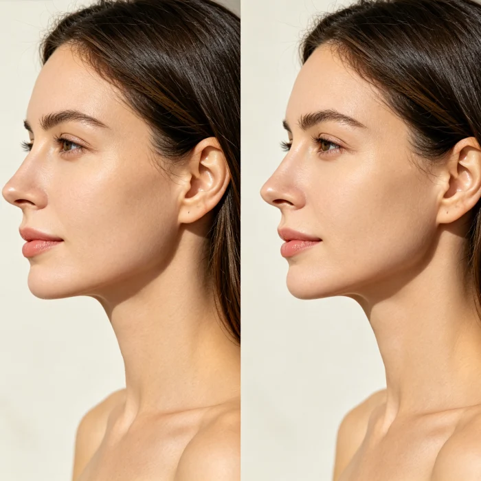 a woman's profile before and after HIFU treatment with subtle skin tightening visible