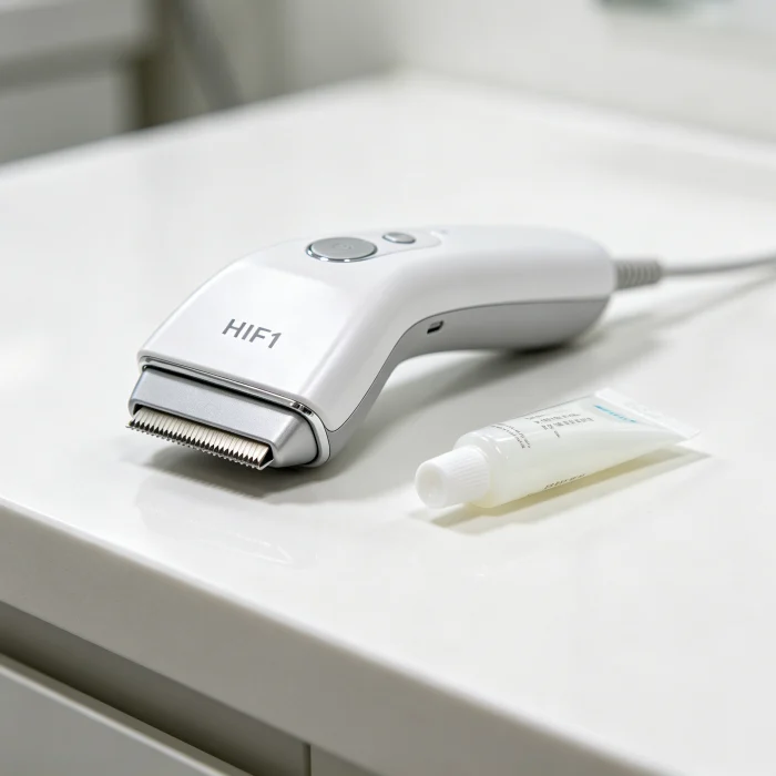 a handheld HIFU device on a clean white countertop with a small ultrasound gel tube next to it