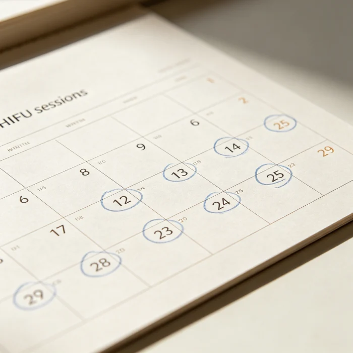 a calendar with dates marked for HIFU sessions spaced one month apart