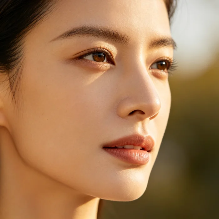 a person's face with subtle lifting at the jawline, photographed in natural light