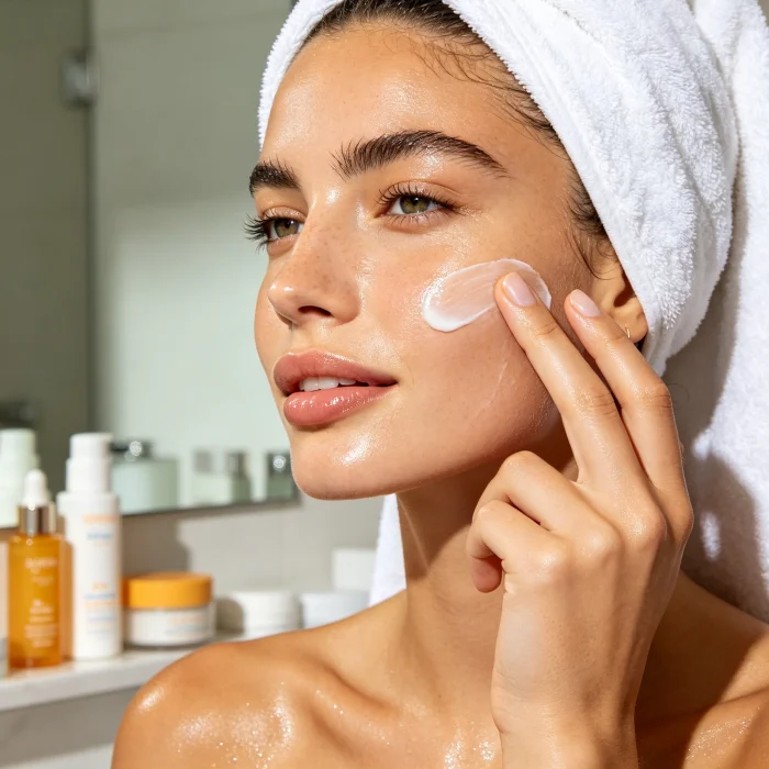 a person applying sunscreen with a high SPF after a skincare routine