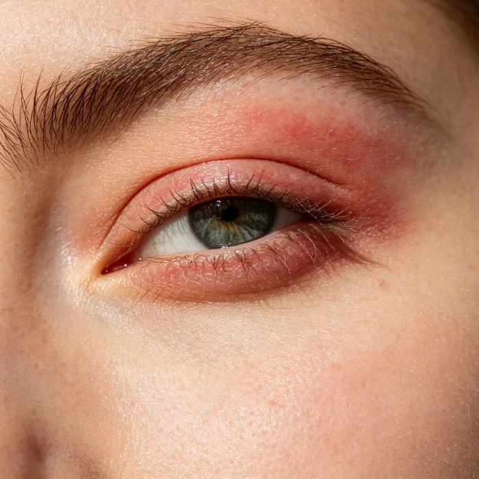 a close-up of a woman's under-eye area with slight redness