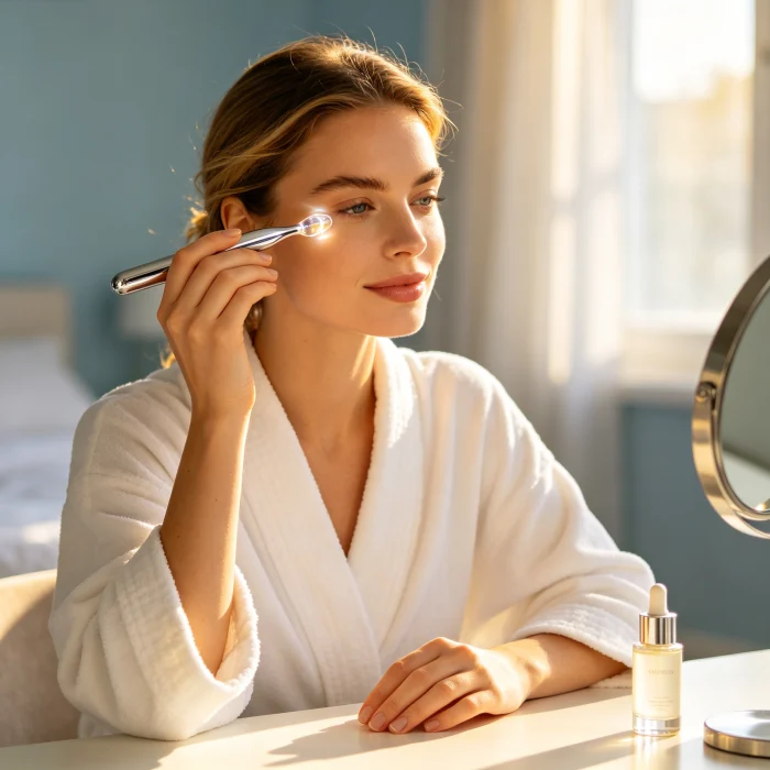 a woman using a cooling eye wand in the morning with sunlight coming through a window