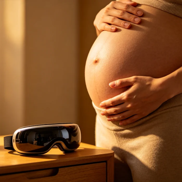 a pregnant woman's hand resting on her belly with an eye massager on a nightstand
