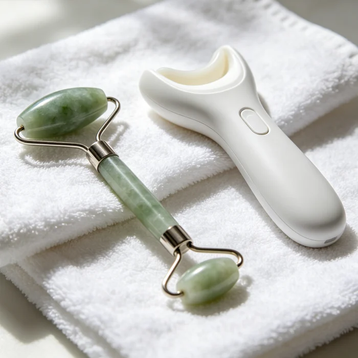 a jade roller next to an electric eye massager on a white towel
