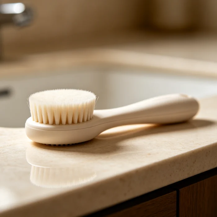 a soft-bristle facial cleansing brush on a bathroom counter