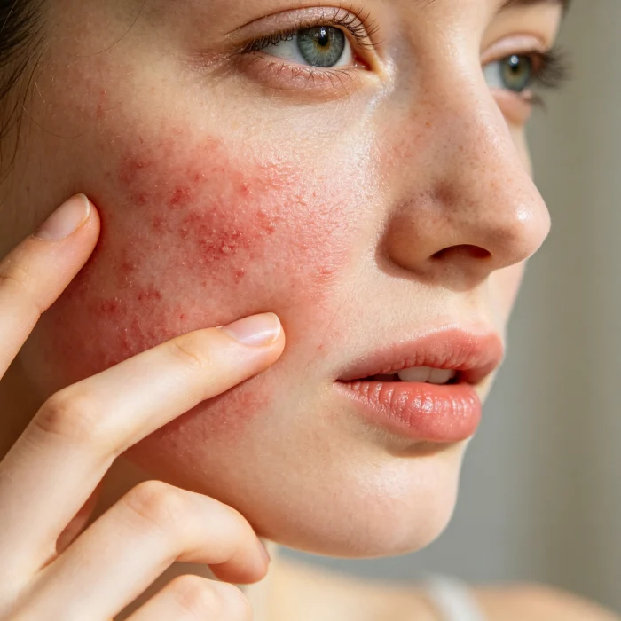 a person gently touching their red irritated cheek