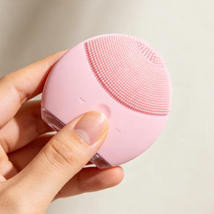 a pink silicone face brush held in hand