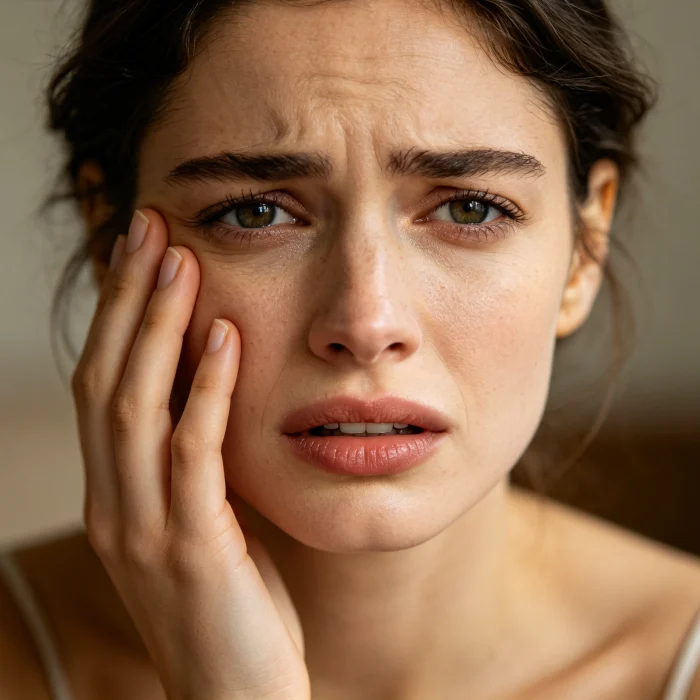 a woman touching her cheek with a worried expression