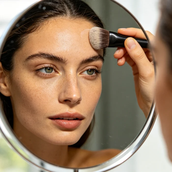a person using a face brush on their forehead in front of a mirror