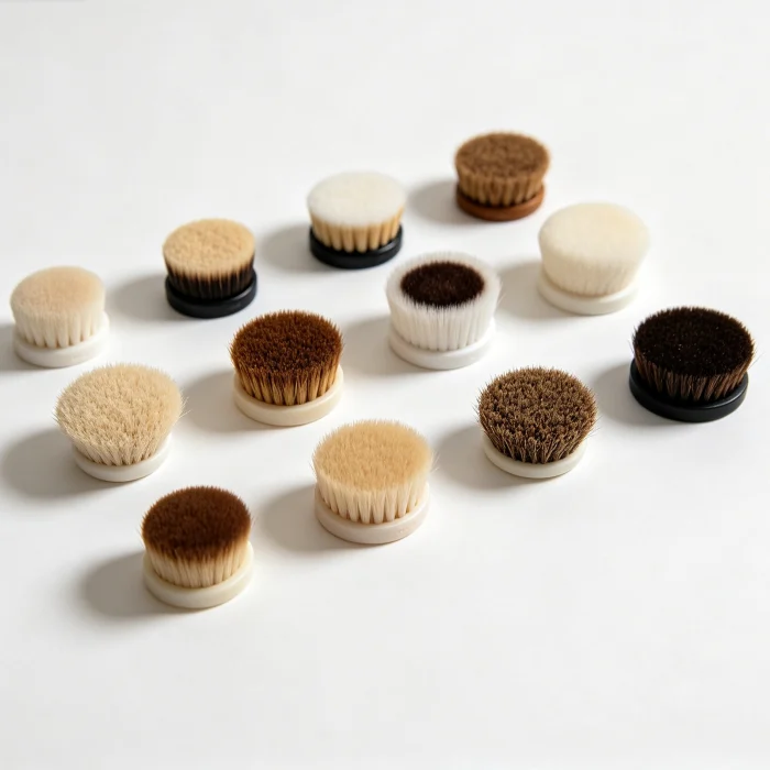 a collection of different face brush heads on a white surface